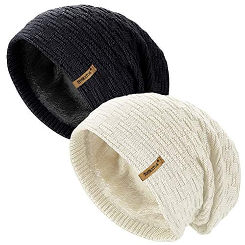 Image of TOSKATOK® Ladies Mens Unisex Warm Winter Textured Knit Slouch Beanie hat with Cosy Faux Fur Teddy Fleece Liner-BLK/CRE-Twin