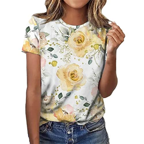 Image of NQyIOS Casual Flower Print Short Sleeve Crewneck T Shirt Women Shirts Women Plus Yellow
