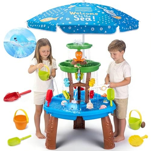 Image of VROGTIK Toddler Water Table with Fishing Toys with Umbrella, Outdoor Water Play Table for Kids Ages 4-8, Kids Water and Sand Activity Sensory Playset, Summer Outdoor Toys