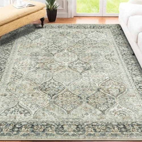 Image of Fondream Washable Rugs Living Room Area Rugs 200x300 cm Large Anti-Slip Bedroom Rug Machine Washable Rug Soft Low Pile Carpet for Dining Room Kitchen Boho Rugs, Green