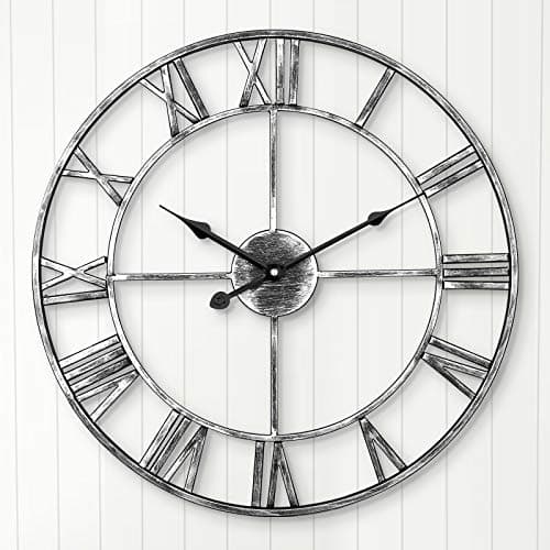 Image of ARVINKEY Silent Wall Clock, European Farmhouse Vintage Clock with Roman Numerals, 40cm Non-Ticking Battery Operated Metal Skeleton Decorative for Home (Silver)