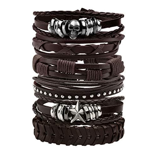 Image of MILAKOO Leather Bracelet Brown Braided Wide Wristband Women Men Punk Jewelry Skull