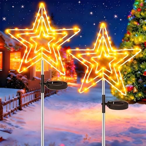 Image of Cozymeow Garden Lights Solar Christmas Star Lights Outdoor, 2 Pack 75 LED Large Star Christmas Stake Lights, IP65 Waterproof 8 Modes, Path Lawn Yard Gifts Garden Ornaments Outdoor Xmas Decorations