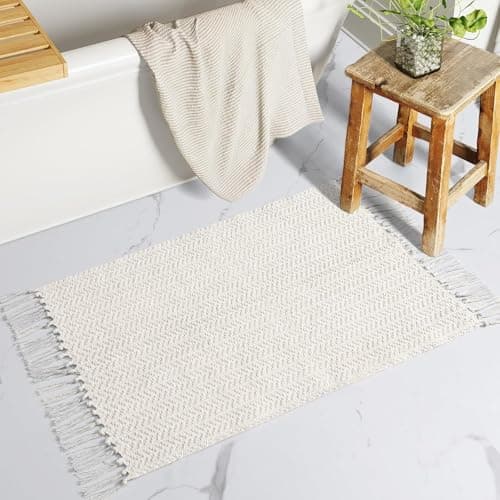 Image of The Seeker Boho Bath Mat, Washable Thin Indoor Door Mat, Soft Absorbent Kitchen Rug, Small White Woven Cotton Rug with Tassels, Low Pile Carpet for Bathroom, Front Door, Bedroom or Laundry