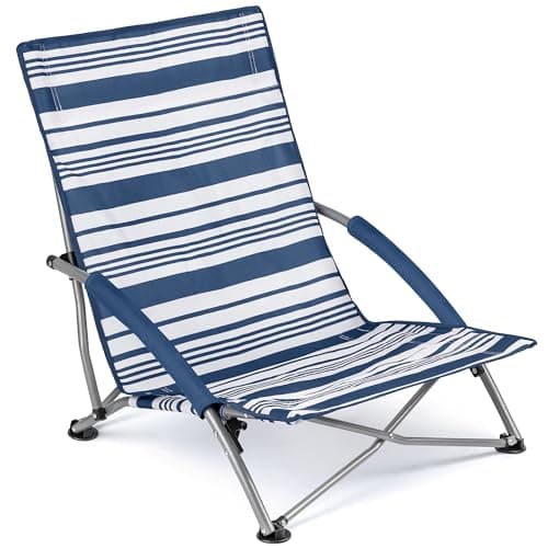Image of Trail Low Folding Beach Chair, Lightweight Portable Deck Sun Lounger Seat, Camping Festival Picnic Garden, Padded Armrests, Anti Sink Feet, Carry Bag with Strap (Navy Blue Stripe)