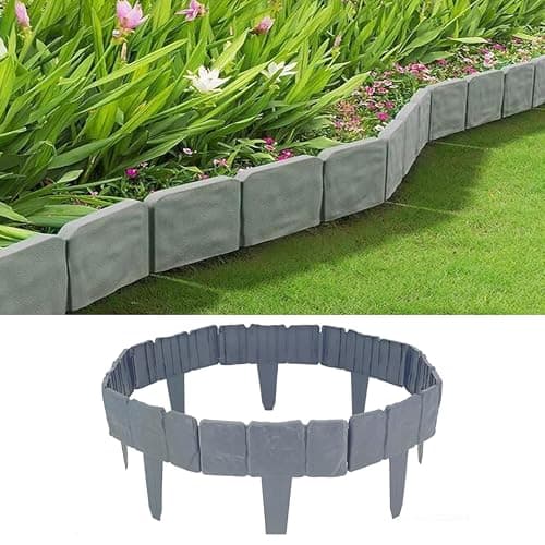 Image of ADEPTNA 5M Grey Stone Effect Lawn Edging – 20-Piece Set, Cobblestone Garden Border, Weather-Resistant Plastic, Ideal for Flower Beds & Grass Edging