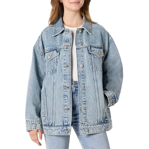 Image of Amazon Essentials Women's Rigid Denim Oversized-Fit Trucker Jacket, Iced Light Wash, XXL