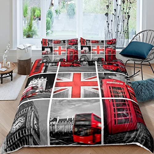 Image of Loussiesd Girls Big Ben Comforter Cover For Kids Women Men Red Gray London Uk Theme Bedding Set Famous Telephone Booth Duvet Cover Retro England Bus Bedspread Room Decor Bedclothes Double Size