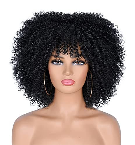 Image of CoCrowns 10Inch Short Curly Afro Wigs with Bangs Bomb Afro Kinky Curly Wig for Black Women Synthetic Fiber Full Wig (Black)