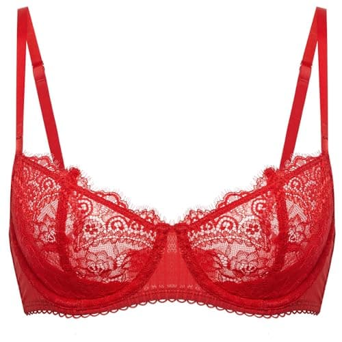 Image of DOBREVA Women's Lace Balconette Bra Half Cup Non Padded Push Up Underwire Sheer Bras Lipstick Red 36E