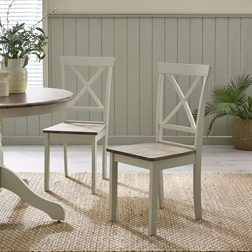 Image of Furniturebox UK Wooden Dining Chairs - 2x Millford Light Grey & Limewash Effect Solid Wooden Dining Chairs - Cross Back - Modern Rustic Farmhouse Kitchen Furniture - Solid Rubberwood