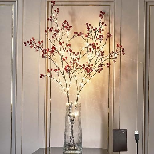 Image of Hairui Lighted Artificial Red Berries Branch with Fairy Lights 32IN 80 LED Battery Operated or USB for Christmas Holiday Winter Home Decoration