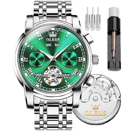 Image of OLEVS Automatic Mechanical Men's Watch, Day-Date-Month-and-Year, Fashion Stainless Steel Watch with Green, Blue, Black Face
