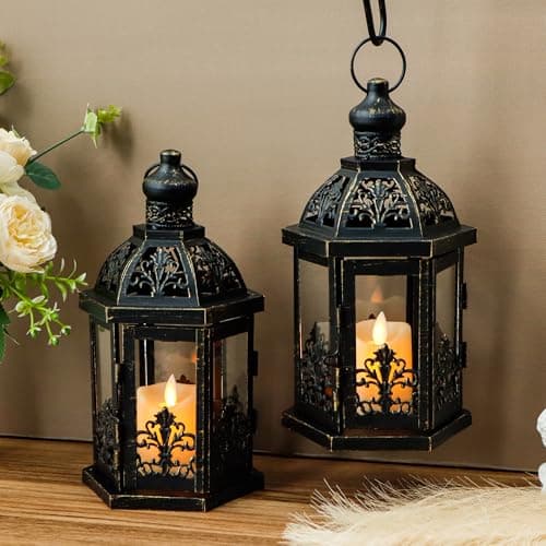 Image of TRIROCKS Set of 2 Vintage Decorative Lanterns 24 cm H Hanging Lantern Metal Candle Holder with Tempered Glass for Indoor Outdoor Home Decor Parties Garden Patio FarmhouseTabletop Events Wedding(Black)