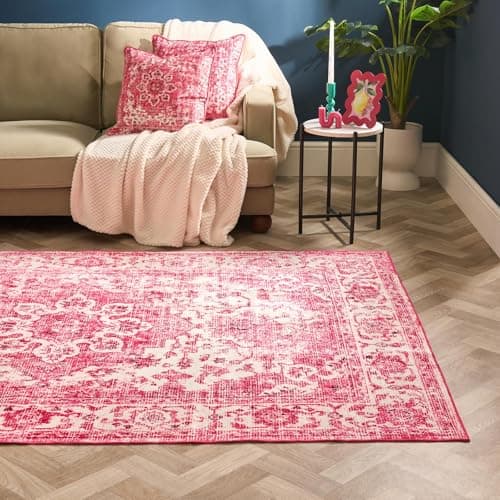 Image of OHS Rugs Living Room 120 x 170, Soft Comfy Vintage Rugs for Bedroom Home Decorative Hallway Runner Non Slip Washable Rug Vintage Stylish Low Pile Medium Rug Carpet, Pink