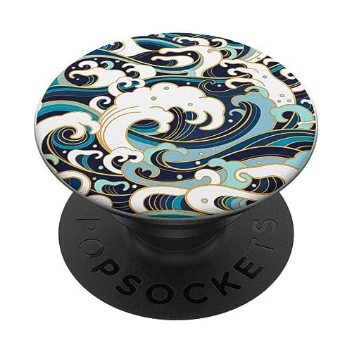Image of PopSockets Japanese Art Ocean Getaway Wave Surfing Blue Geometric Ocean PopSockets PopGrip: Swappable Grip for Phones & Tablets