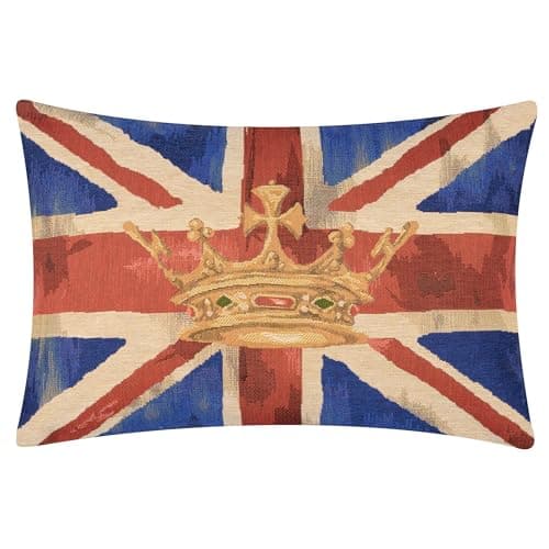 Image of furn. Evans Lichfield Union Jack Crown Polyester Filled Cushion – British Heritage Flag Textured Tapestry Decorative Pillow (Blue – 46x32cm)