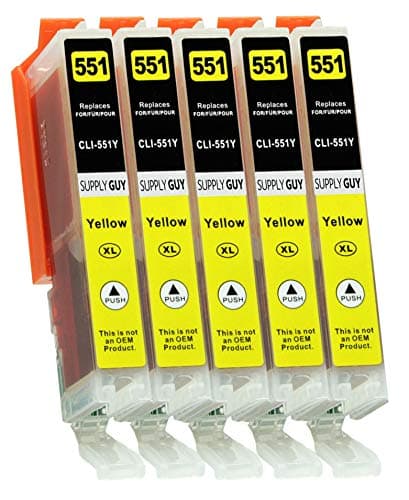 Image of Supply Guy 5 Ink Cartridges compatible with Canon CLI-551 Yellow with Chip and Level Indicator for IP7250 IP8750 IX6850 MG5450 MG5550 MG5650 MG5655 MG6350 MG6450 MG6650 MG7150 MG7550 MX725 MX925