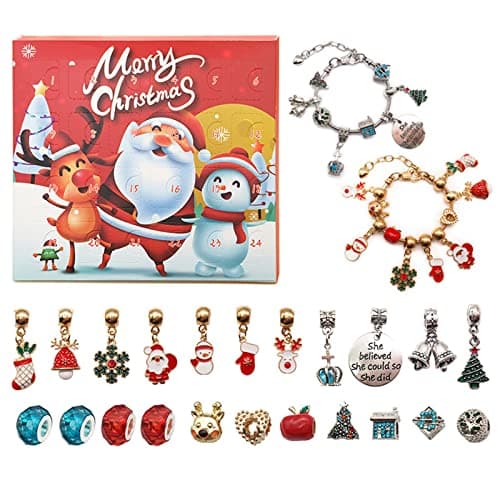 Image of Christmas Advent Calendar Bracelets 2023 for Girls 24 Days Xmas Countdown Calendar DIY Jewelry Making Kit Gift 22 Charm Beads 2 Bracelets for Kids Teens Women (Red)