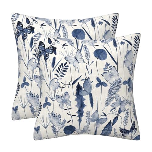 Image of DILOXNSU Cushion Covers 50 x 50 cm Navy Blue Plants Butterflies Set of 2 Double Sided Pillow Covers 18x18 Inch Decorative Linen Home Decorations Cushions Cases for Sofa Couch Garden Decor