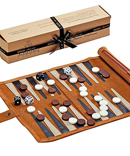 Image of Jaques of London Roll Up Travel Backgammon Set | Luxury Leather Traditional Board Game | Travel Set with Backgammon Pieces | Since 1795