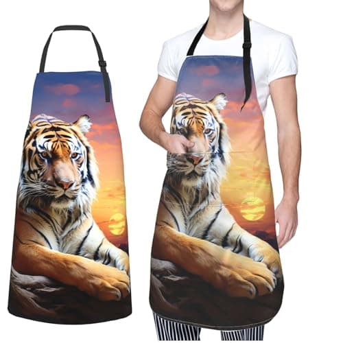 Image of NONHAI Kitchen Cooking Aprons for Women Men Chef Apron Waterproof Bib Apron with Pockets Tiger Colorful Sunset Grill Apron, Black, One Size, Black, One Size
