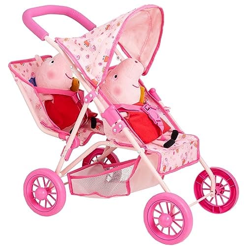 Image of HTI Peppa Pig Tandem Twin Stroller | Toy Dolls Double Buggy In Pink | Childrens Baby Doll Stroller Toy Umbrella Fold Stroller| Role Play Toy Dolls Buggy Pushchair | Ages 3+, 6.5*34.5*55cm