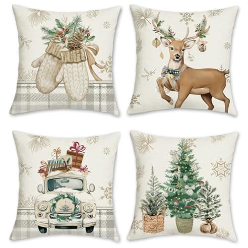 Image of Bonhause Winter Animals Cushion Covers 45 x 45 cm Reindeer Tree Truck Gloves Holiday Decorative Throw Pillow Covers for Sofa Bed Winter Holiday Decor Set of 4