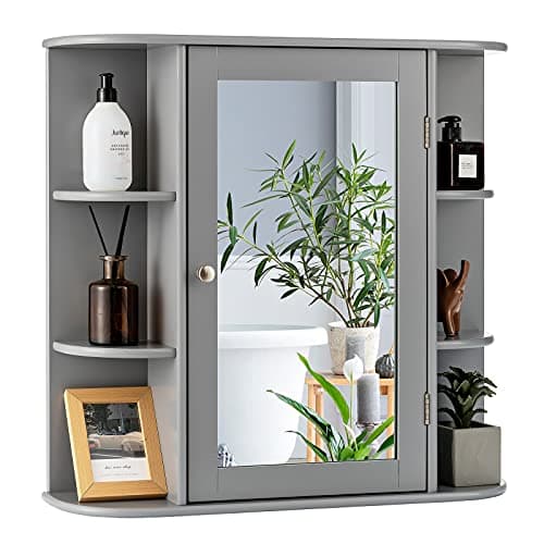 Image of COSTWAY Bathroom Mirror Cabinet, Single Door Wall Mounted Storage Cupboard with Fixed/Adjustable Shelves, Home Office Living Room Display Organiser Unit (Grey, 65 x 17 x 64cm)