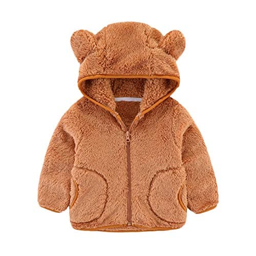 Image of duxyoz Brown Baby Boys Girls Flannel Fleece Jackets Kids Toddler Warm Winter Coats Teddy Fleece Plush Thermal Windproof Coat Full Zip Up Casual Hooded Hoodie Coat With Hood Pockets 2-3 Years