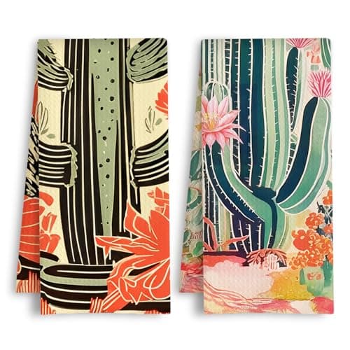 Image of HSIASHENG ArtisaEura Boho Vintage Mexican Cactus Botanical Kitchen Towels, Colourful Southwestern Rustic Desert Succulent Dish Tea Hand Towels for Kitchen Bathroom Decor, 16x24 Inch Set of 2