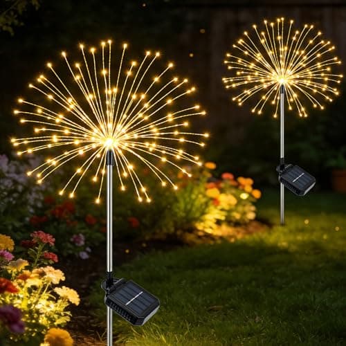 Image of Solar Lights Outdoor Garden, Solar Firework Lights, 120 LEDs 8 Modes Waterproof Starburst Light , Dandelion Stake Light Landscape Lights for Yard Lawn Party Patio Wedding Decor(2 Packs, Warm White)
