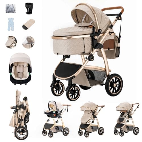 Image of Zkiprm 3-in-1 Travel System, Baby Pram with Adjustable Armrests, Newborn Pram Set with Seat, Portable Folding Baby Stroller | High Aluminum Frame | Complete Accessories | for 0-4 Years (Biege)