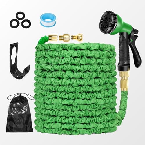 Image of Garden Hose Pipe Expandable 30m(100ft) Heavy Duty Flexible with Spray Gun, 3/4" 1/2" Solid Brass Fittings, Triple Latex Core, 8 Fuctions Kink Free Leak Proof Hosepipe, Green