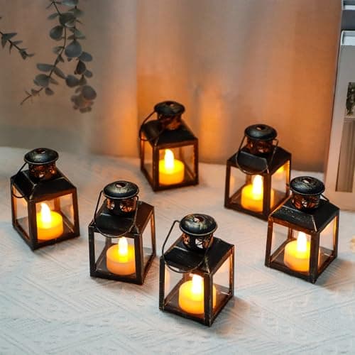 Image of TRIROCKS 6 Pcs Small Metal Candle Lanterns Vintage Hanging House Tealight Lantern Decorative Candle Tea Light Holders for Table Valentine Patio Indoor Outdoor Gifts(Black with Gold Brush)
