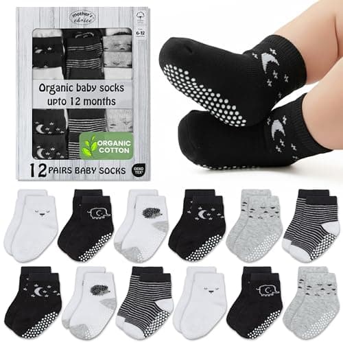 Image of Mother's Choice Baby Socks 0-6 Months - 12 Pairs, Organic Cotton Infant Socks, Unisex, Soft & Hypoallergenic Newborn Socks (UK, Age, 6 Months, 12 Months, Black, White, Gray)