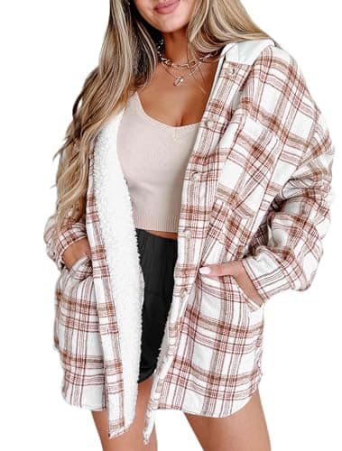 Image of Merryfun Womens Plaid Shacket Jacket Sherpa Lined Flannel Jackets Oversized Button Up Fleece Hooded Warm Coat, Cream/White, XL