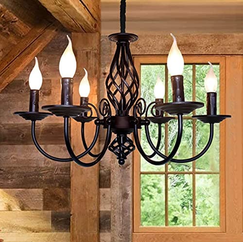 Image of JIINOO Rustic Pendant Chandelier, French Country Vintage 6 Lights Chandeliers Farmhouse Pendant Light Fixture Height Adjustable Candle Wrought Iron Chandelier for Kitchen,Dining Room,Living Room,Foyer