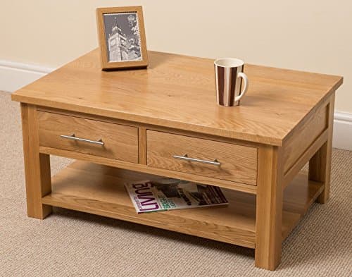 Image of Oak Furniture King Oslo Oak Coffee Table with Drawers, Solid Wood Living Room Table with Low Shelf & Storage, 90 x 60 cm (Assembled)