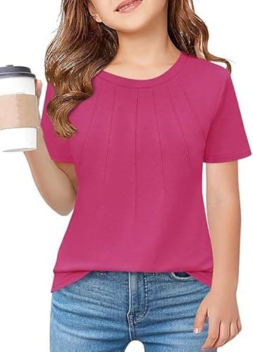 Image of Haloumoning Girls Pleated T Shirts Kids Summer Short Sleeve Crew Neck Shirt Fashion Casual Tops Tees 5-14 Years, Rose Red, 13-14 Years