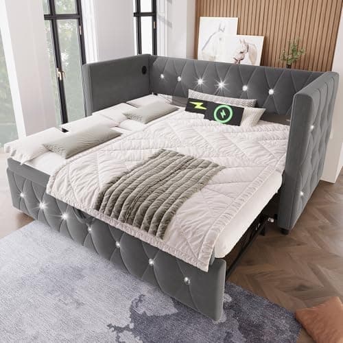 Image of Daybed with Pull out Trundle Bed and USB & Type C Charging Sations, 3FT Single Functional Upholstered Bed 90x190 cm, Guest Sofa Beds Youth Beds For Adults Kids Teenagers, Velvet, Grey, No Mattress