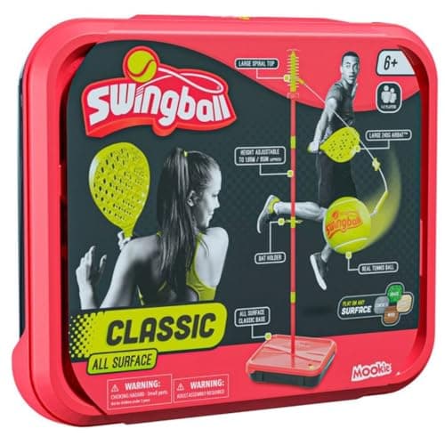 Image of Swingball Classic All Surface, Red and Yellow, Outdoor Activities, All Surface Base Swingball, Real Tennis Ball and 2 Championship Bats, Suitable for Everyone 6 years+