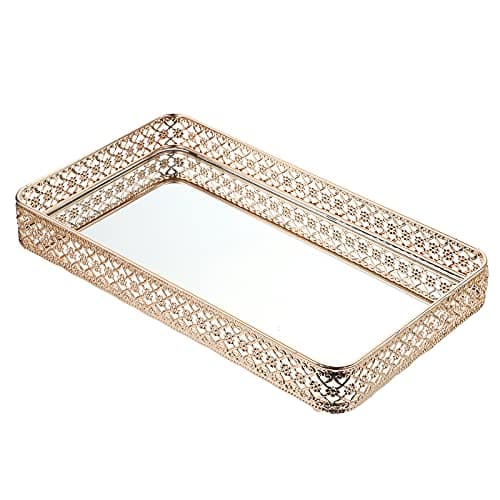 Image of BSTKEY 35x20cm Vanity Mirror Tray Jewelry Trinket Tray, Decorative Tray for Cosmetic Makeup Dresser Bathroom Bedroom Countertop Organizer, Gold