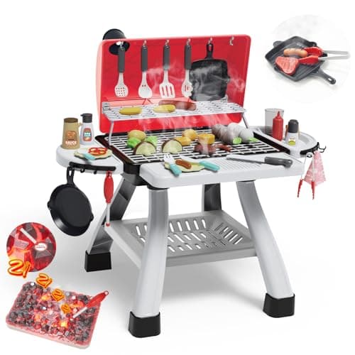 Image of Cooldele BBQ Grill Playset for Kids Age 3+, 2 Tier Kitchen Toy Set with Smoke,Sound & Light,Play Grill Toy Included 41 Pieces Cookware, Play Food,Indoor Outdoor Kitchen Playset,Gift for Boys Girls 3-8