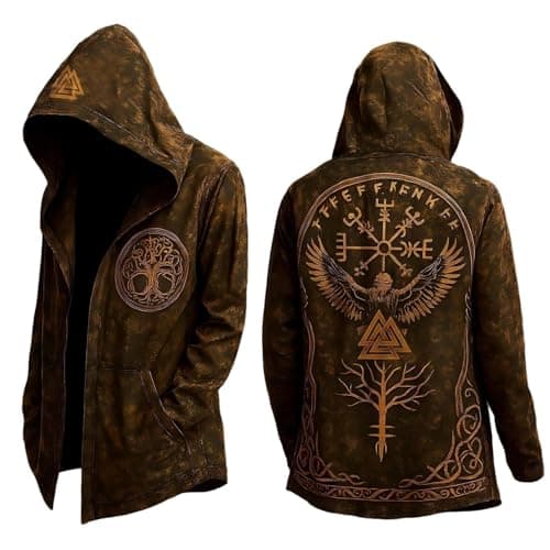 Image of Viking Hoodie Men's Medium Length Spring Autumn Cardigan, Cosplay Costume with Hood 3D Printed Cool Coat Biker Jacket, Sweatshirt Sweat Jacket, Leisure Jackets Motorcycle Jackets Brown