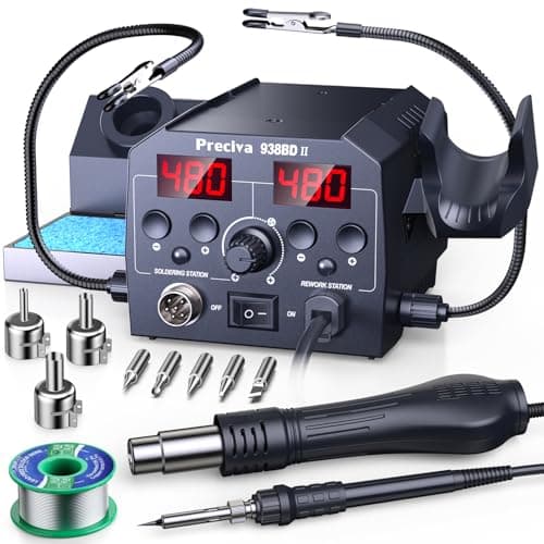Image of Preciva Hot Air Soldering Station with Helping Hands, 938BD II Dual Display Soldering Iron Kit, 10-Min Auto-Sleep Mode & Temp Calibration, Electronics Kit for Circuit Board Repair, DIY (UK Plug)