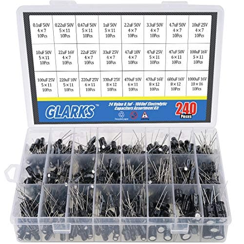 Image of Glarks 240Pcs 24 Value 10V 16V 25V 50V Metal Electrolytic Capacitors Assorted Assortment Kit Set, Lable Capacitor Range 0.1UF - 1000UF