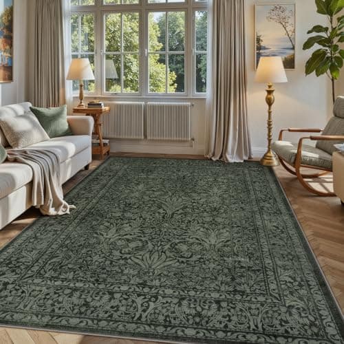 Image of Lahome Floral Dark Green Living Room Rug, 5x7 Washable Rugs for Bedroom Office, Vintage Boho Non Slip Non Shedding Stain Resistant Dining Room Carpet for Under Table Room Decor
