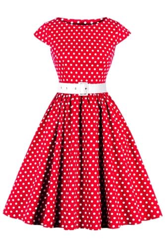 Image of AXOE Women 50s Dresses Rockabilly Vintage Inpired Belted Cotton Red with White Polka Dots, UK Size 12, M