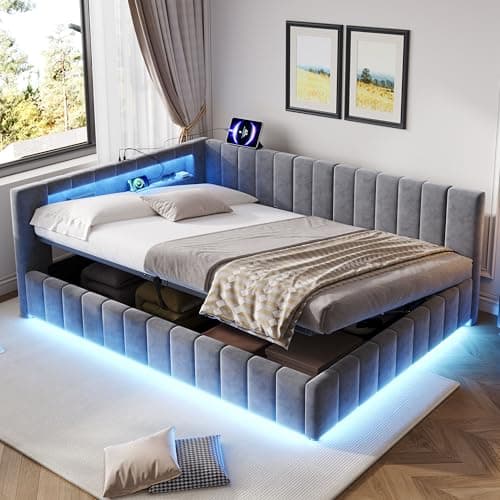 Image of Upholstered Daybed,4ft6 Double Bed Frame with Storage & Smart RGB LED Lights & Charging Station,Hydraulic Gas Lift Ottoman Bed for Adults Kids Teenagers, Velvet Sofa Beds Guest Beds,Grey,No Mattress